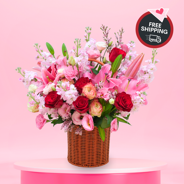 Tropical Romance (Mattiola, Lily, Roses) - Valentine Flower Basket