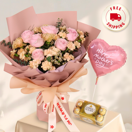 Velvet Blossom (6 Roses, 8 Carnation Spray) - Mother's Day Bouquet