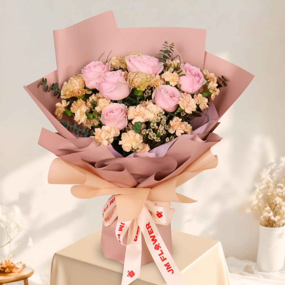 Velvet Blossom (6 Roses, 8 Carnation Spray) - Flower Bouquet