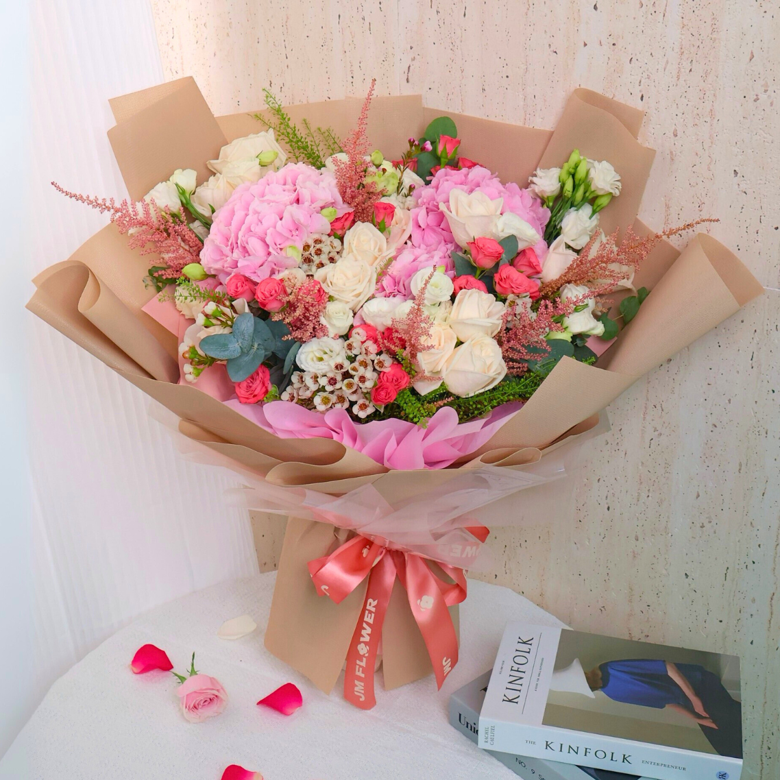 Kinfolk flower bouquet in pink floristry arrangement.