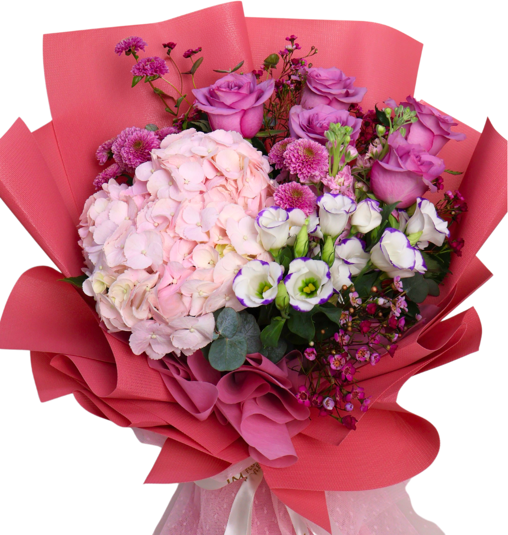 Blooming Treasure (1 Hydrangea, 5 Roses) - Flower Bouquet