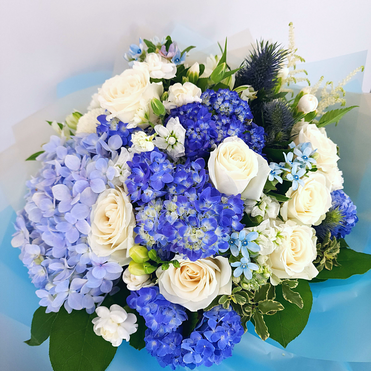 sapphire Hydrangeas, Carnations and Roses Bouquet Birthday Flower Bouquet Singapore